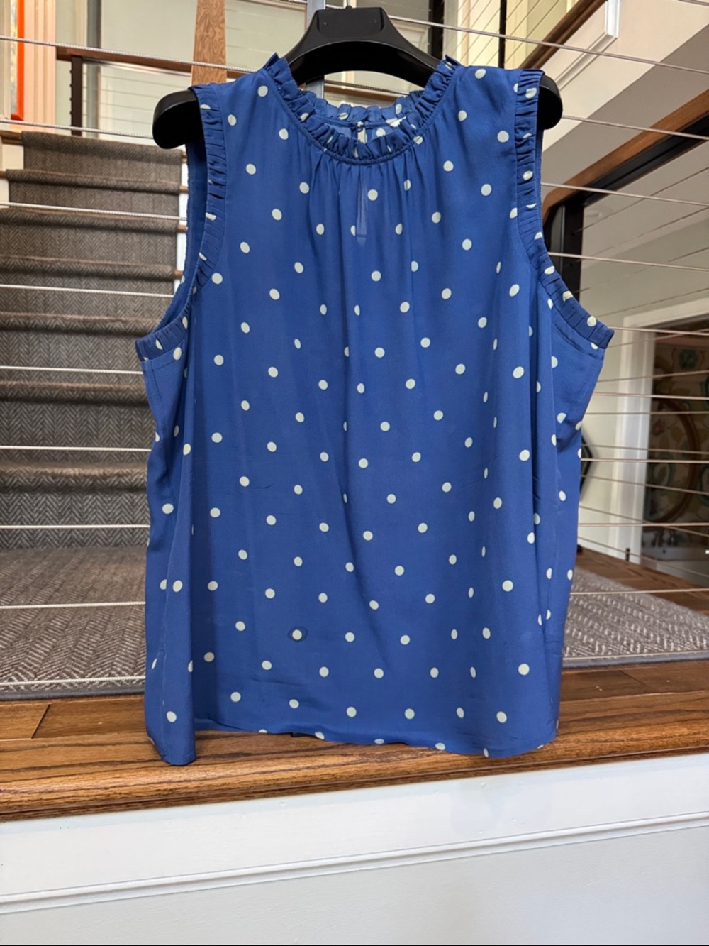 Boden Sleeveless Blue Polka Dot Ruffle Neck Top